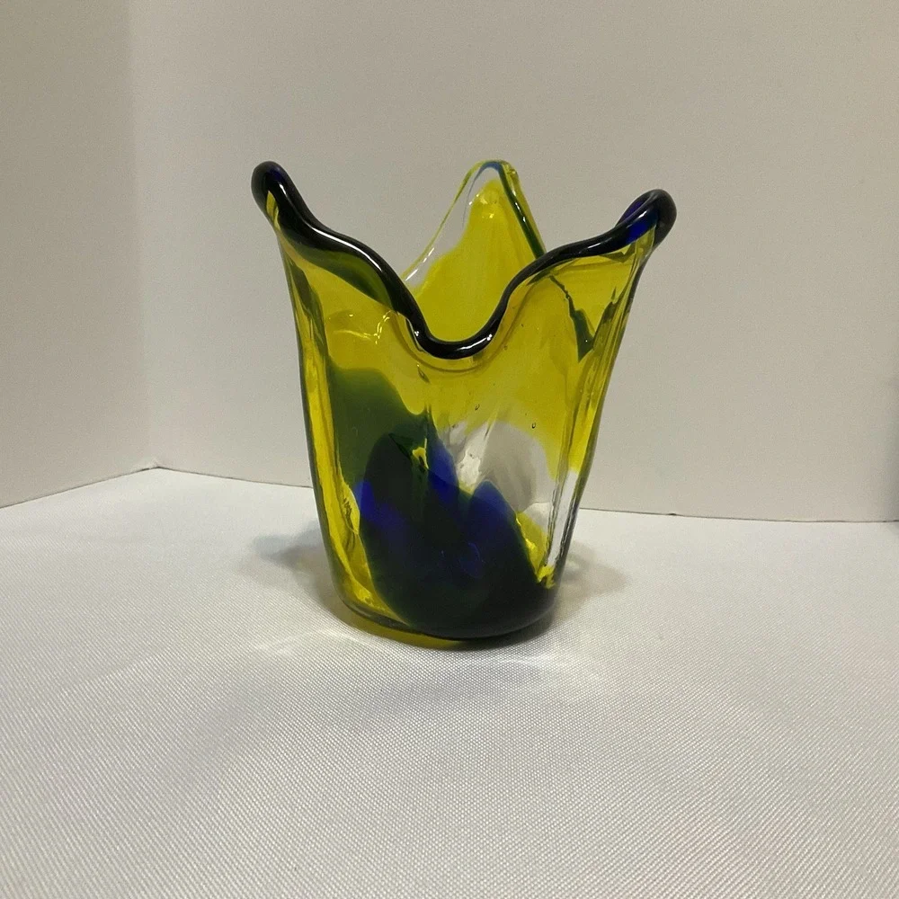 Large Handkerchief Vase Ombre Art Sculpture Handblown Yellow‎ Blue Green - Japan